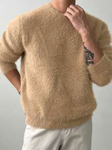 DAZY Men's Round Neck Long Sleeve Solid Color Fleece Sweater, Autumn - Camel - View 8