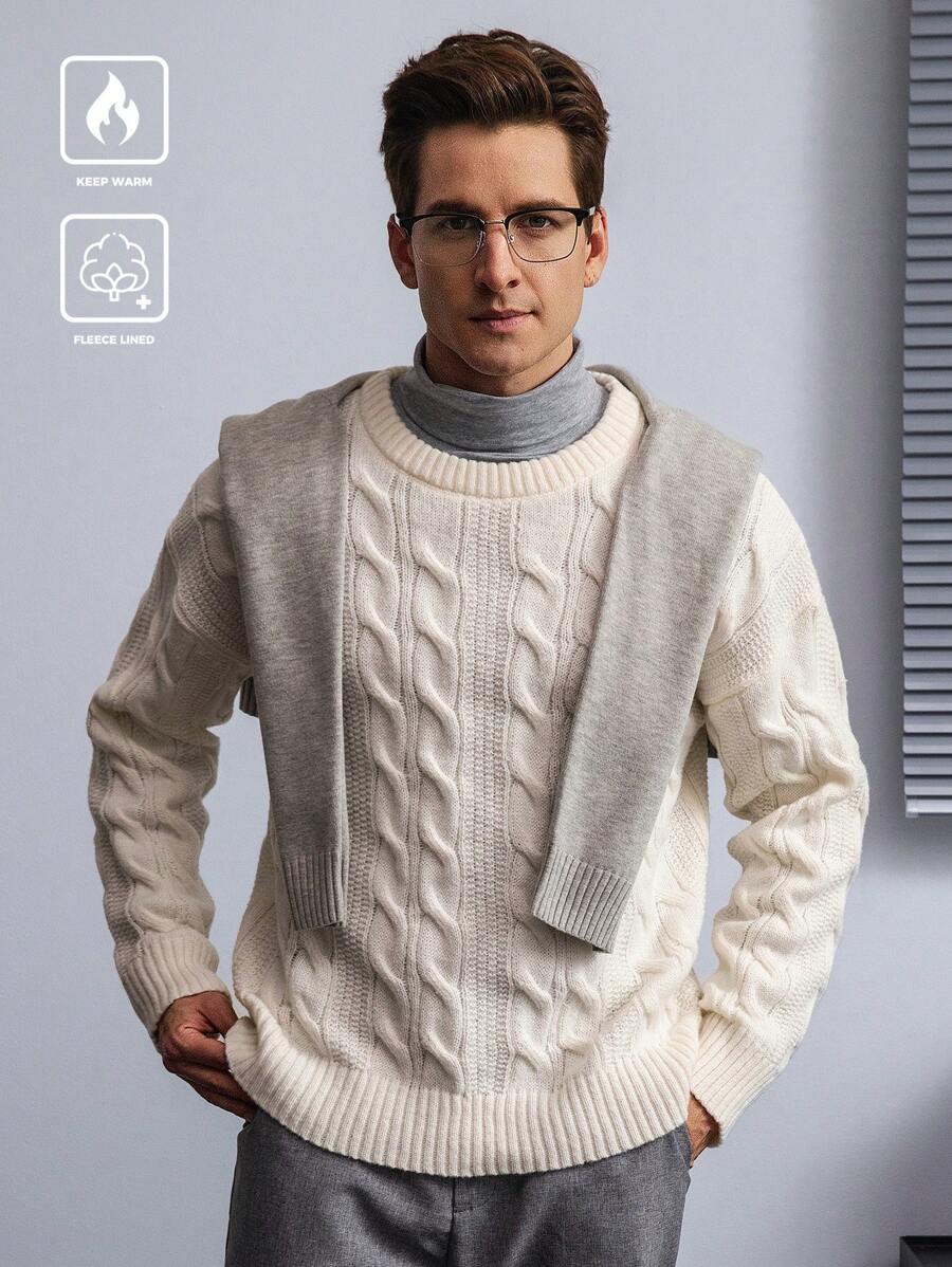 Manfinity Homme Men's Casual Solid Color Round Neck Drop Shoulder Long Sleeve Sweater, Autumn/Winter - White - View 1