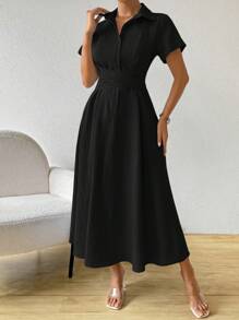 SHEIN Clasi Đầm Maxi Tay Ngắn Màu Trơn Đơn Giản Thường Ngày Có Thắt Lưng Cho Nữ - màu đen - Xem 6