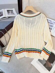 بلوفر كاجوال طويل الأكمام بياقة على شكل v ملون للفتيات المراهقات ، خريف/شتاء ، متألق ، العودة للمدرسة ، أبيض - أبيض - مشاهدة 2