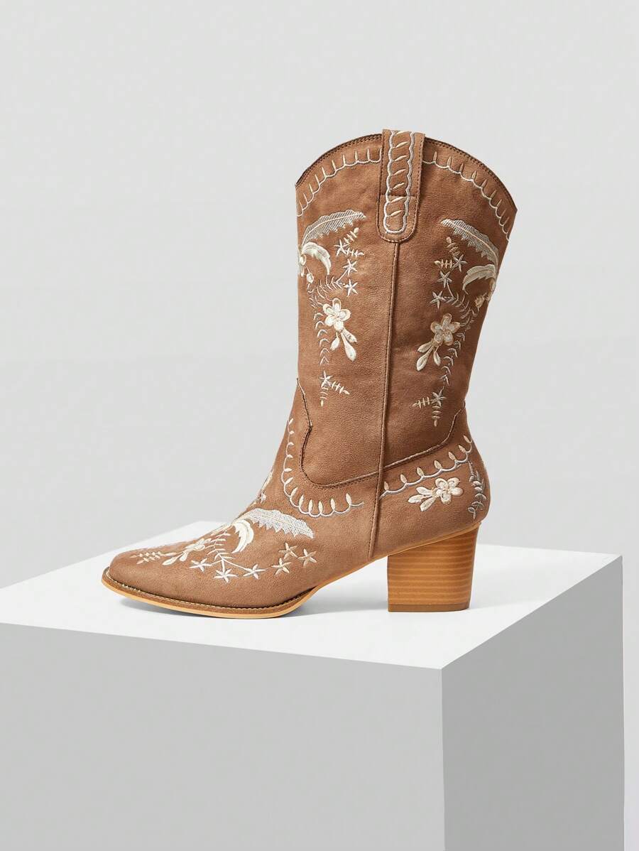 MOTF PREMIUM WOMEN'S FASHION CHUNKY HEEL EMBROIDERED ANKLE BOOTS - Brown - View 2