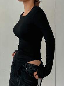 DAZY Bộ đồ liền thân hở lưng cổ thuyền dài tay màu trơn cho nữ - màu đen - Xem 4