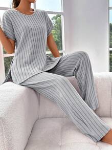 Women Solid Color Round Neck Short Sleeve Casual Top And Pants Loungewear Set Outfit