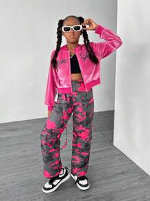 SHEIN 2pcs/Set Tween Girl Casual Outfit - Letter Print Hoodie Jacket And Camouflage Pants, Spring/Autumn