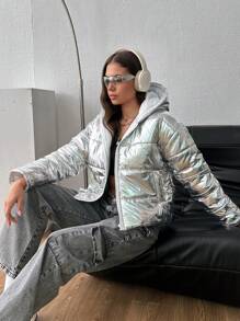EURMUSE Silver Bright Fabric Puffer Hooded Winter Coat - Silver - View 6