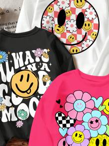 SHEIN Leap Crew 3 件套 Tween 女童休闲宽松羊毛运动衫，带笑脸、字母印花、圆领、宽松版型 - 秋冬款，白色、粉色、黑色 - 彩色 - 查看 4