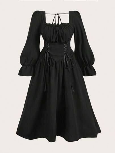 Sweetra 大码纯色荷叶边系带前收腰长袖简约褶皱连衣裙，休闲日常穿着