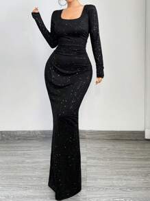 SHEIN SXY Plus Size Solid Color Pleated V-Neck Long Sleeve Dress Party Dress - Black - View 5