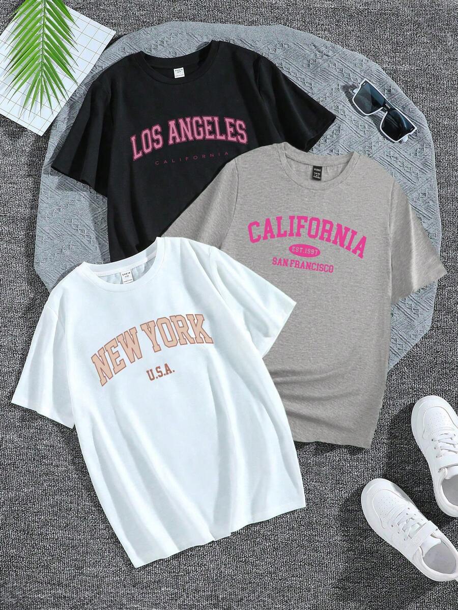 SHEIN LUNE 3件套休闲简约“NEW YOEK”英文文字图案宽松圆领短袖T恤女夏季略显透视 - 彩色 - 查看 1