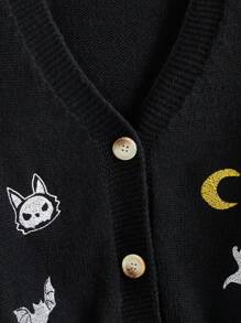 ROMWE Women Casual Cute Girl's Pumpkin, Ghost, Bat, Cat Embroidery Knitted Black Cardigan Sweater For Halloween