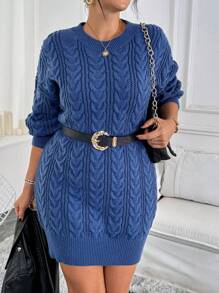 SHEIN LUNE Vestido de suéter de punto con trenzado de cuerda de mangas largas y cuello redondo talla grande para mujer, estilo campestre casual de otoño e invierno