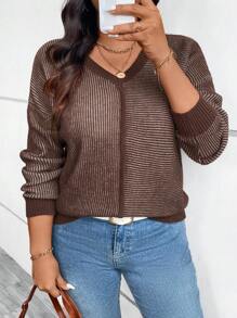 SHEIN LUNE Plus Size V-Neck Striped Pullover Sweaterbusiness Casual Woman,Holiday Outfits,Country Tops - Multicolor - View 1