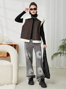 SHEIN 青少年女孩黑咖啡色天鹅绒立领口袋休闲无袖夹克 - 深灰色 - 查看 5