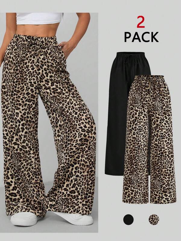SHEIN PETITE Imprimeu leopard cu talie înaltă și pantaloni negri uni cu picioare largi din două piese