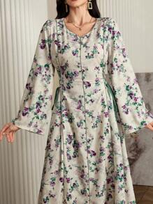 Al Najma 花卉印花长袖系带阿拉伯风格连衣裙，休闲优雅 A 字形长款卡夫坦 Jalabiya 阿拉伯连衣裙，适合晚会/婚礼嘉宾/周年纪念 - 彩色 - 查看 8