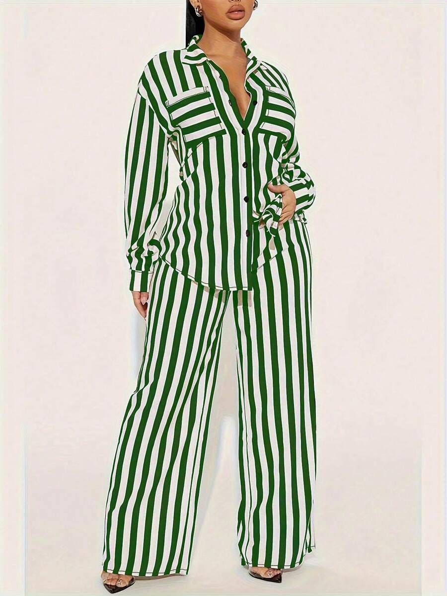 大码 2 件装绿色和白色条纹印花衬衫领长袖上衣和裤子套装 - 綠色 - 查看 1