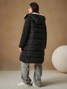 Anewsta 女士中长款可拆卸撞色连帽厚垫大衣 - 黑色 - 查看 2