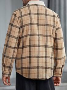 Manfinity Homme Men's Plaid Pattern Fleece Collar Casual Overcoat, Autumn/Winter - Khaki - View 5