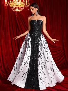 SHEIN Belle Váy dài chữ A in họa tiết ombre bằng vải satin chắp vá màu đen và trắng thanh lịch, phong cách cung điện cho tiệc, đám cưới, vũ hội, váy sự kiện cưới, váy dạ hội trang trọng, cho khách dự tiệc cưới, tốt nghiệp, tiệc tối - Đen và trắng - Xem 6