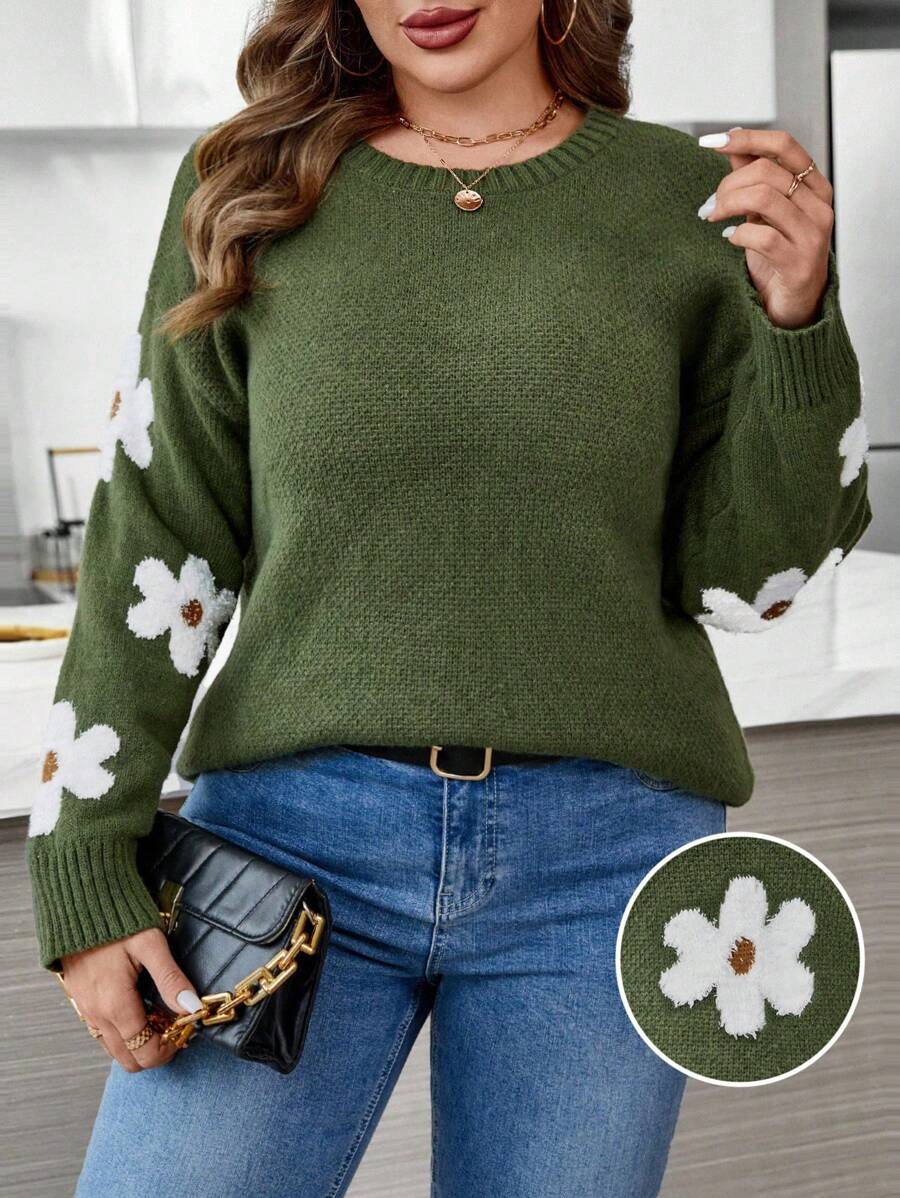 Calvaya Plus Size Women Colorblock Floral Print Crew Neck Long Sleeve Pullover Sweater, Winter Knit Pullover Fall Outfit - Green - View 1