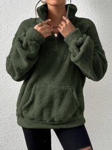 SHEIN EZwear 女式纯色半拉链套头衫，长袖，宽松版型，秋冬季，长袖上衣 - 軍綠色 - 查看 4