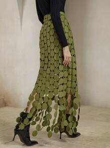 Anewsta Laser Cut Multi Circle Double Layered Skirt Maxi Women Outfit - Olive Green - View 2