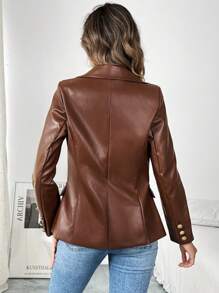 SHEIN Clasi Áo khoác da màu nâu đơn giản, tay dài cài nút phía trước dành cho nữ, cổ đứng, đơn giản, thường ngày, chất liệu PU, thời trang thu đông - Cà phê nâu - Xem 8