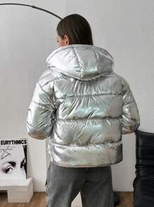 EURMUSE Silver Bright Fabric Puffer Hooded Winter Coat - Silver - View 2
