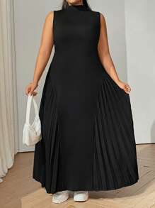 SHEIN CURVE+ Curve Plus 加大码夏季优雅褶皱圆领立领无袖 A 字型女式连衣裙，杏色，非常适合度假或休闲外出 - 黑色 - 查看 5