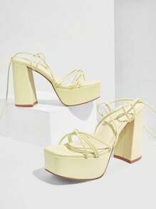 CUCCOO SZL 女士纯色镂空简约休闲高跟凉鞋 - 黃色 - 查看 5