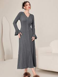 Modelyn 女士春秋纯色 V 领单排扣喇叭袖连衣裙长款女装 - 灰色 - 查看 5