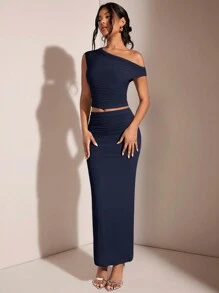 SHEIN BAE Conjunto de 2 piezas de mujer elegante con top de volantes de cuello asimétrico y falda larga de corte asimétrico de verano - Azul Marino - Ver 5
