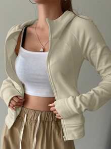 DAZY Áo hoodie dài tay thường ngày có khóa kéo phía trước màu trơn dành cho nữ, áo nỉ dài tay, áo khoác ngoài - Màu be - Xem 4