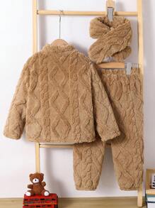 2pcs Kids Young Boy Casual Cute Bear Patch Long Sleeve Cardigan And Solid Color Straight Pants Coral Fleece 2 Pieces Outfit Set, Suitable For Commuting, School, Daily Casual, Holiday, Sportswear, Suitable For Fall, Winter Seasons