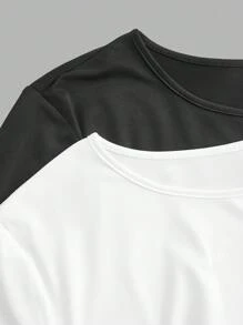 CovetEZ 2 件套大码简约圆领长袖 T 恤套装，初秋 - 黑與白 - 查看 7