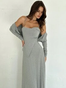 SHEIN Privé 2 件女士优雅秋季服装，包括：披肩夹克 + 不对称连衣裙 - 灰色 - 查看 1