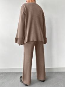 RueChic Women's Solid Color V-Neck Drop Shoulder Long Sleeve Sweater And Knit Pants Casual 2-Piece Set, Autumn/Winter - Mauve Purple - View 2