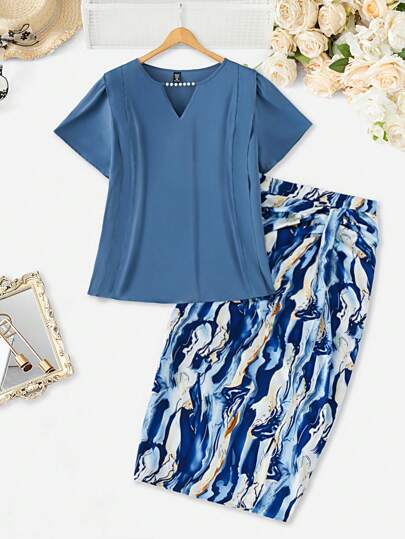 Mulvari Plus Size Solid Color Short Sleeve Top With Notched Neckline And Slit Hem Skirt Two-Piece Set