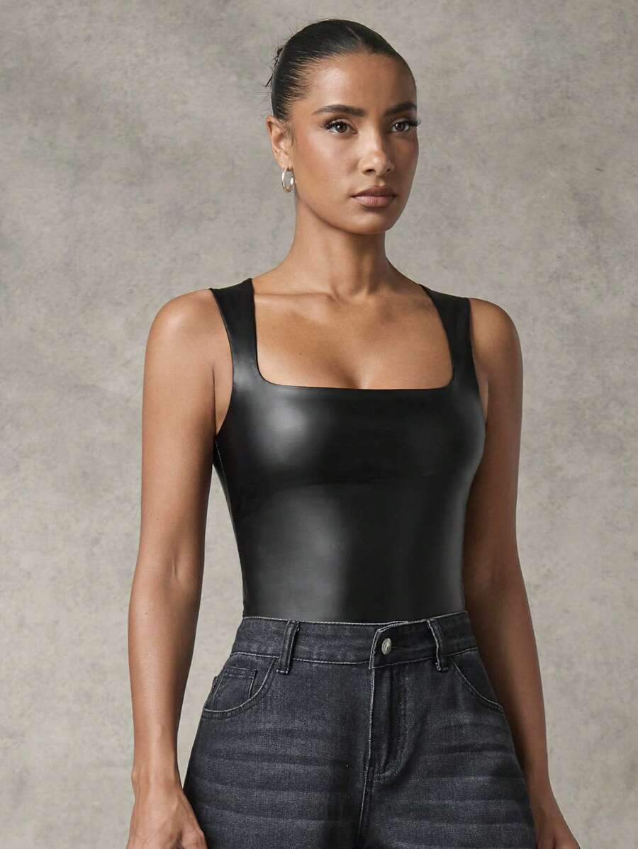 SHEIN BAE 女士春秋款方领 PU 皮革无袖修身紧身衣/时尚百搭简约 - 黑色 - 查看 1