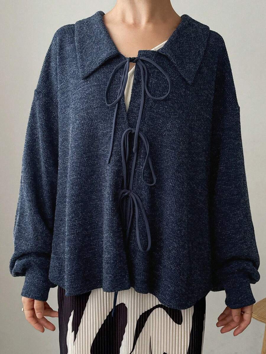 FRIFUL 女士纯色翻领前系带落肩长袖休闲衬衫 - 藏蓝色 - 查看 1