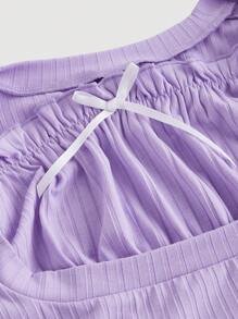 SHEIN MOD 女士春秋纯色天鹅颈喇叭袖蝴蝶结装饰优雅 T 恤 - 紫丁香色 - 查看 3