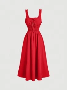 SHEIN MOD Váy dài nơ xếp nếp màu đỏ, Váy dự tiệc cưới mùa thu, Trang phục dự tiệc trưa về quê cho phụ nữ - Đỏ - Xem 1