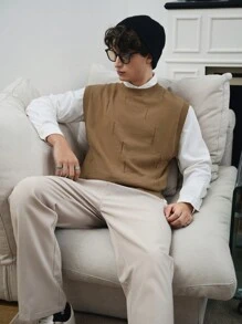 Manfinity Roghcode Men's Solid Color Crew Neck Casual Sweater Vest With Holes, Autumn & Winter - Khaki - View 7
