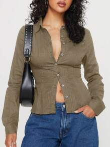 INAWLY Women's Solid Color Front Button Fitted Long Sleeve Blouse Women Shirt - Mocha Brown - View 5