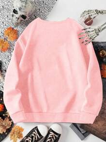 Tween Girls Cute Ghost & Pumpkin Print Casual Crew Neck Sweatshirt For Halloween - Baby Pink - View 2