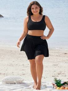 Plus Size Women's Summer Beach Solid Color Casual Bikini Set With Cover-Up Skirt - Black - View 4