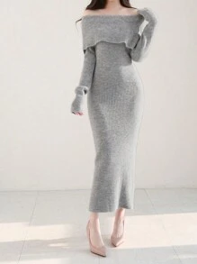 DAZY Women Off-Shoulder Long Knitted Bodycon Sweater Dress, Grey, Spring/Summer/Autumn