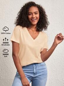 SHEIN BASICS 女款V領短袖寬鬆實色T恤，休閒日常穿著 - 黃色 - 查看 1