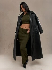 MISSGUIDED 纹理不对称领口长袖上衣和紧身长裙两件套 - 軍綠色 - 查看 4