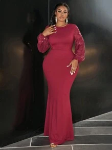 Slaydiva Plus Size Sparkly Banquet Round Neck Waist Fitted Mermaid Dress With Contrast Sequin Sleeves, Red, Fall/Winter